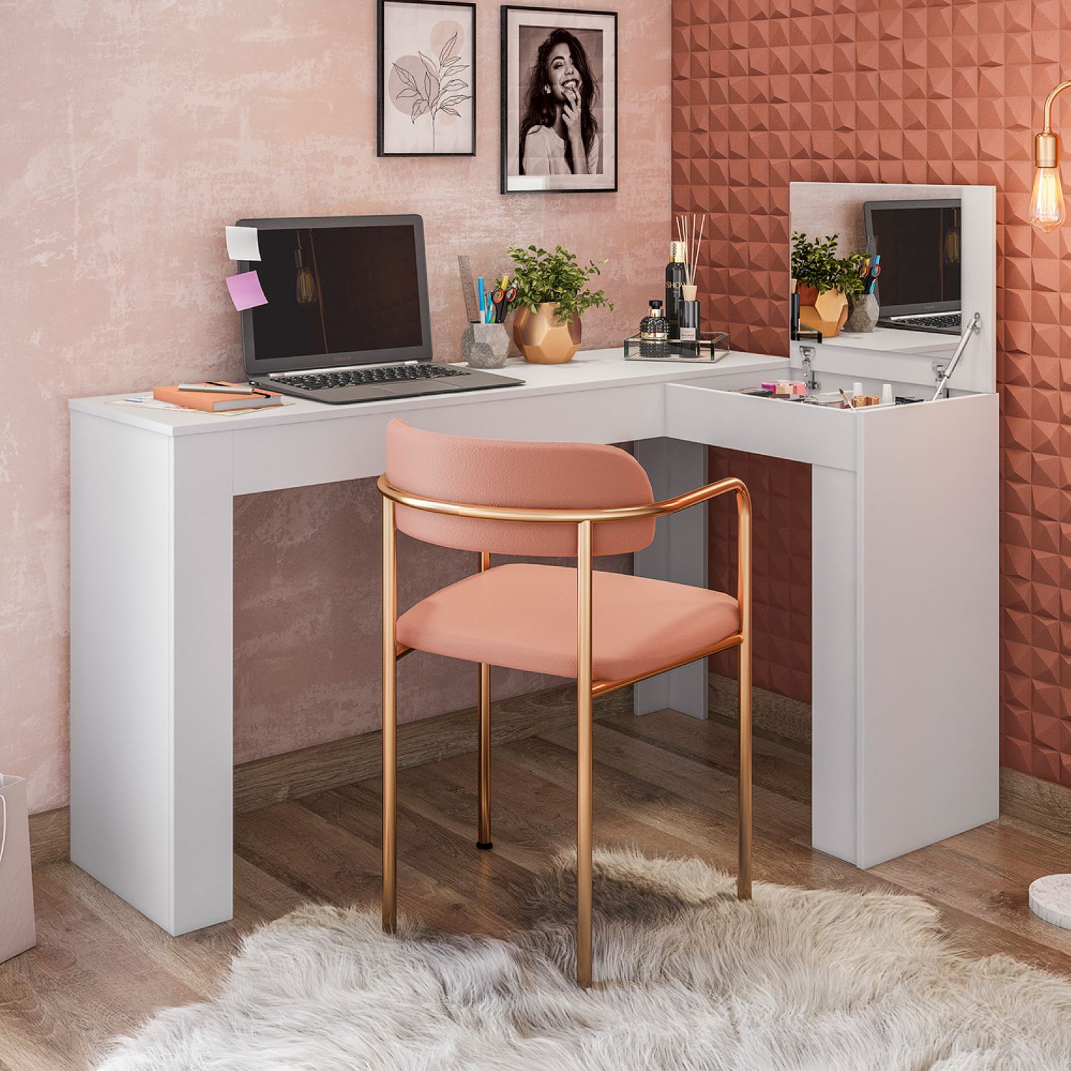Mobler - Escrivaninha de Canto com Camarim Jade - Branco - Ambiente - E-Commerce